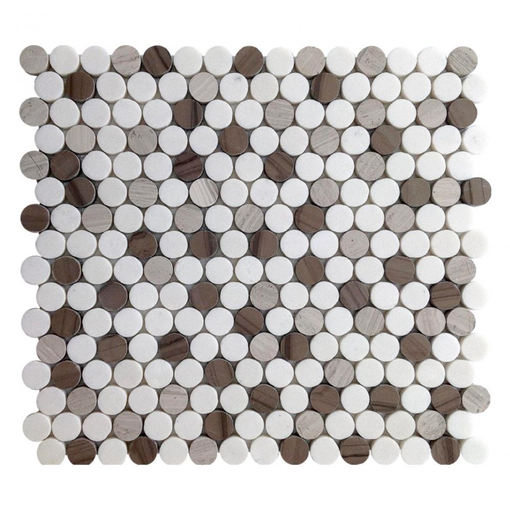 Honed white mix gray wooden marble mosaic penny pattern tile